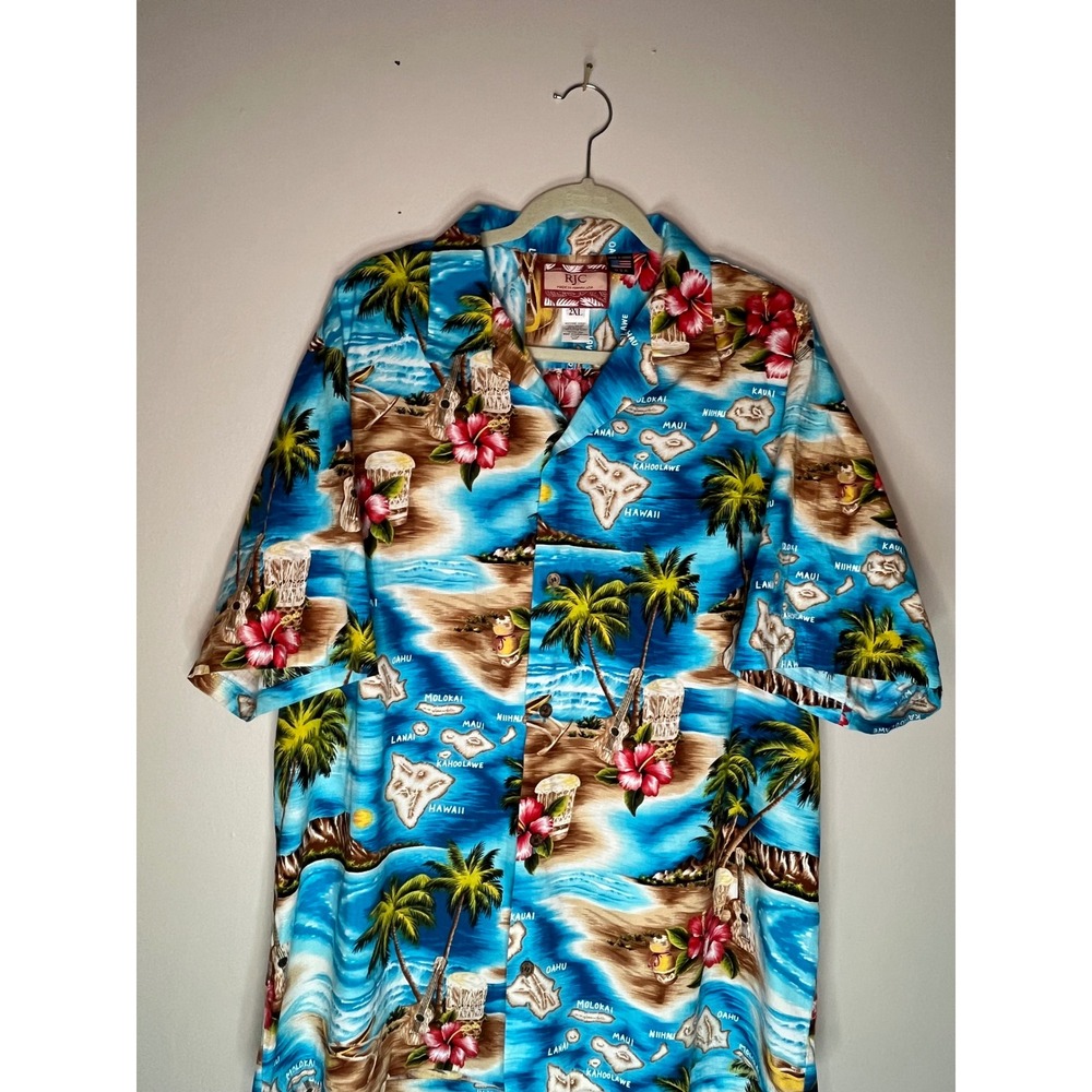 RJC Men Hawaiian Shirt 2XL Blue Island Map Hibiscus Palm Tree Cotton Made in USA